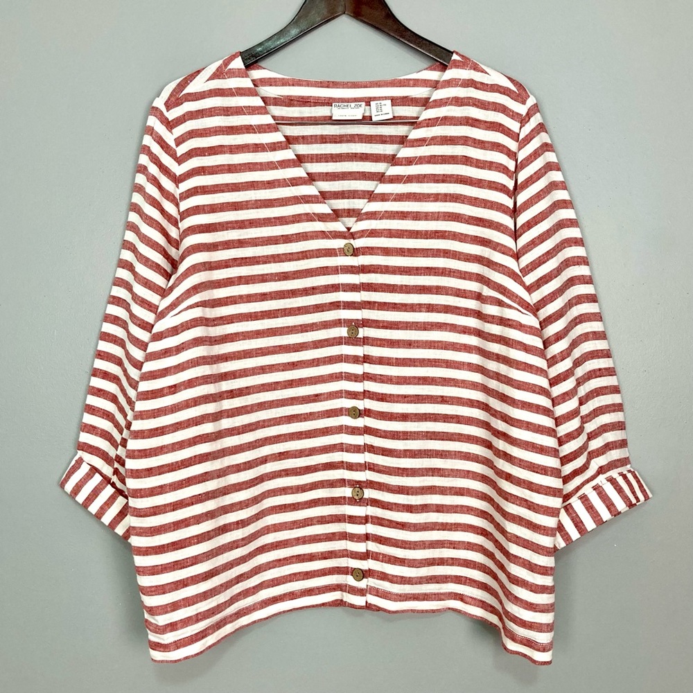 Rachel Zoe Linen Striped Top Button Down Lagenlook